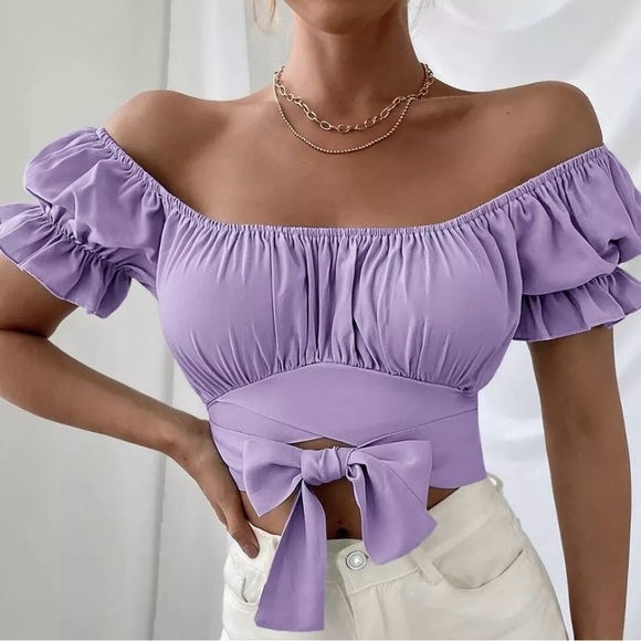 Tops - Purple Off Shoulder Wrap
Around Tie Ruched Bust Puff
Sleeve Crop Top Sz S